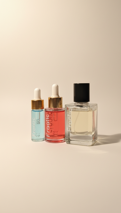 Fraalic pure oil perfume in three sizes — 15ml dropper, 30ml dropper and 50ml oil spray